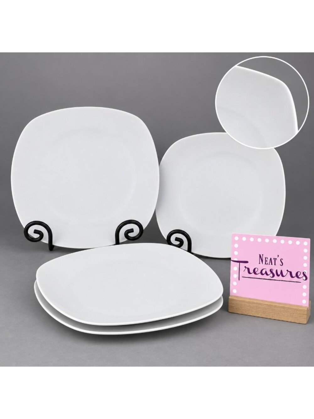 Metro Home Everyday Essentials WHITE Soft Square Porcelain Dinner Plates Set 4